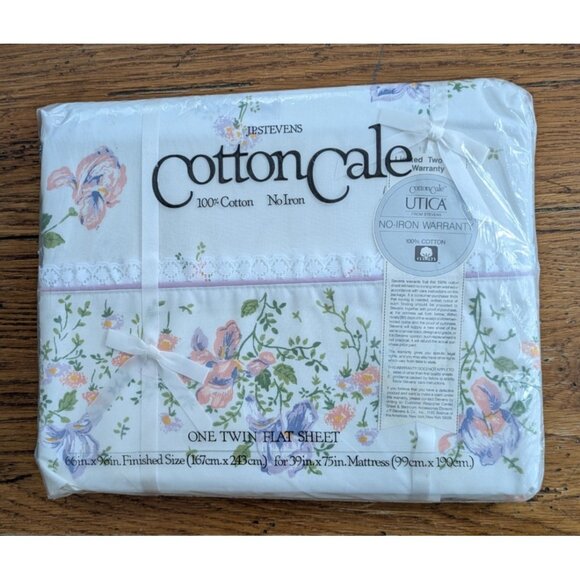 Vtg JP Stevens Cotton Cale Twin Flat Sheet Baby Iris White Purple Floral NOS - Picture 1 of 6